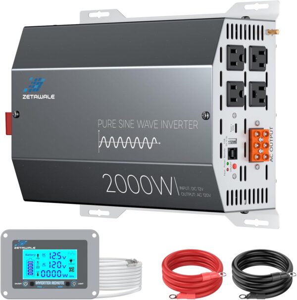 Paquete incluye: Inversor de onda pura 2000 W, pantalla, cable de corriente y manual